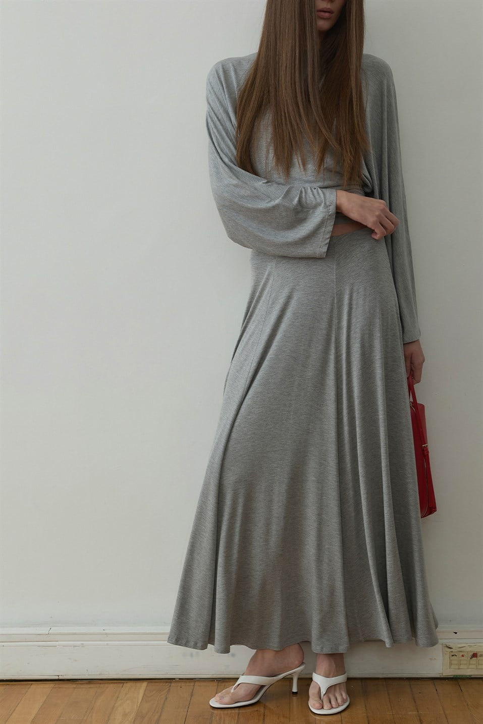 Gri Kate Dökümlü Uzun Etek