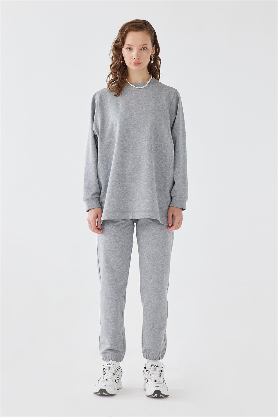 Gri Melanj Yarasa Kol Pamuklu Sweatshirt