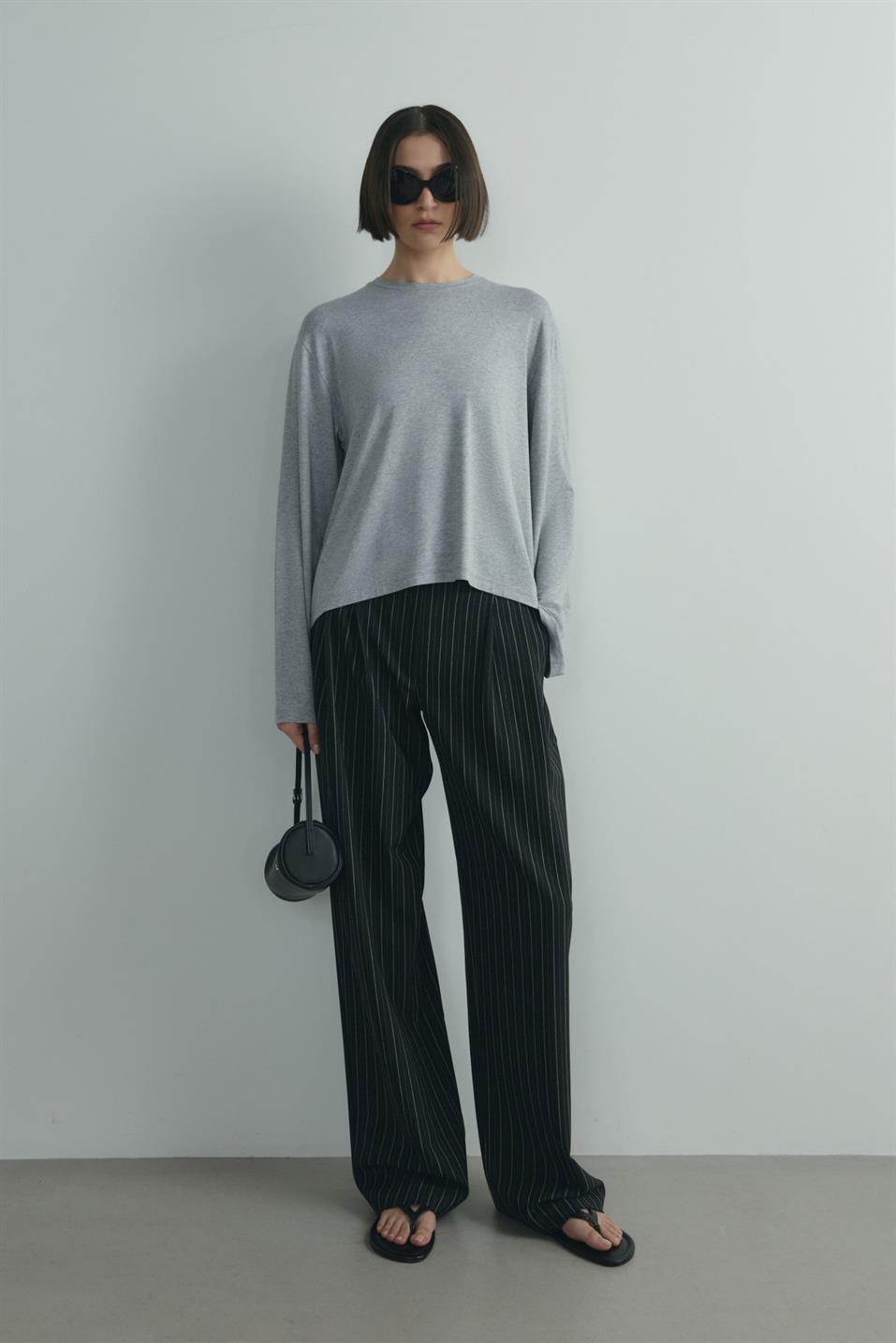 Gri Nara Uzun Kollu Basic Tişört