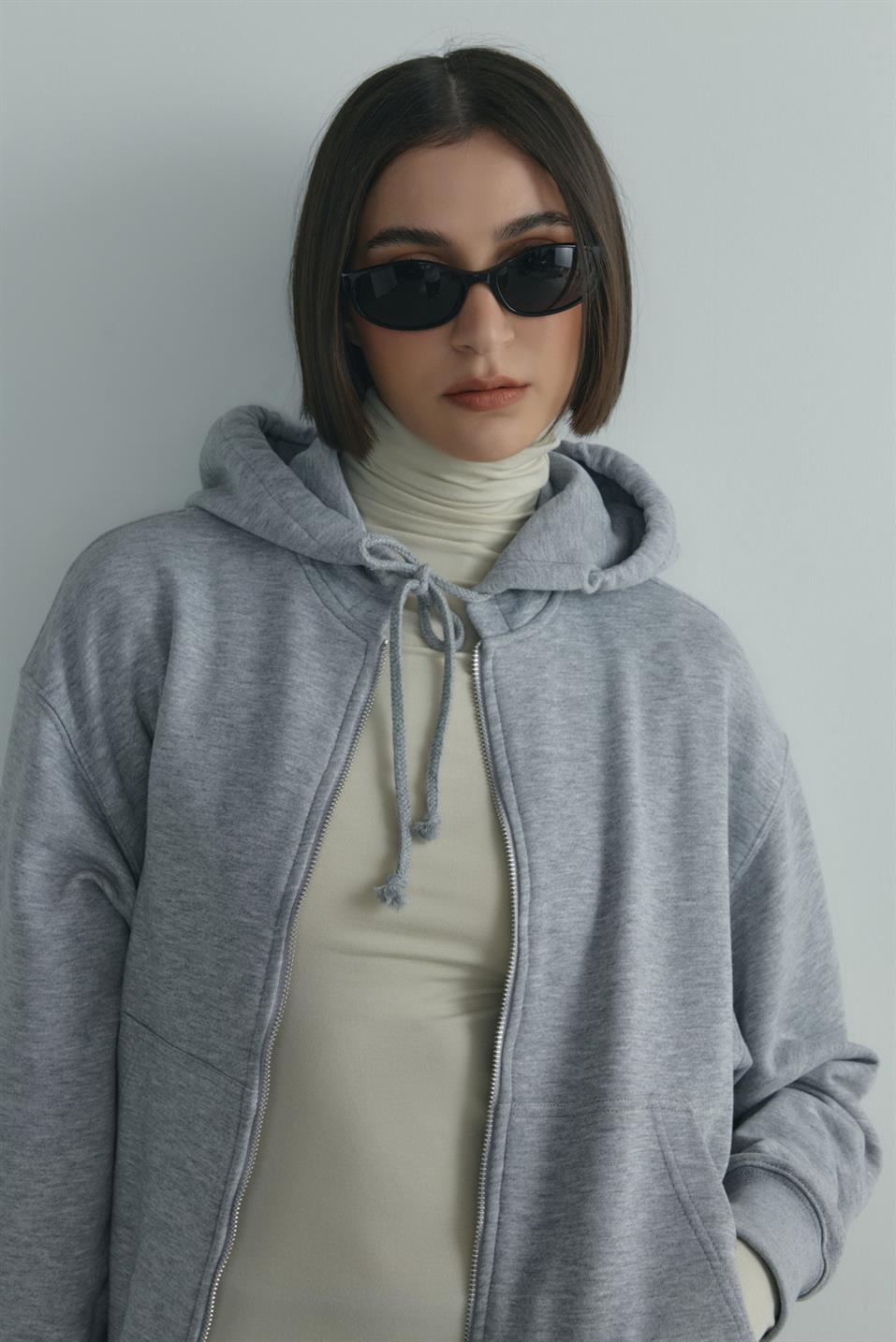 Gri Salted Fermuarlı Hırka