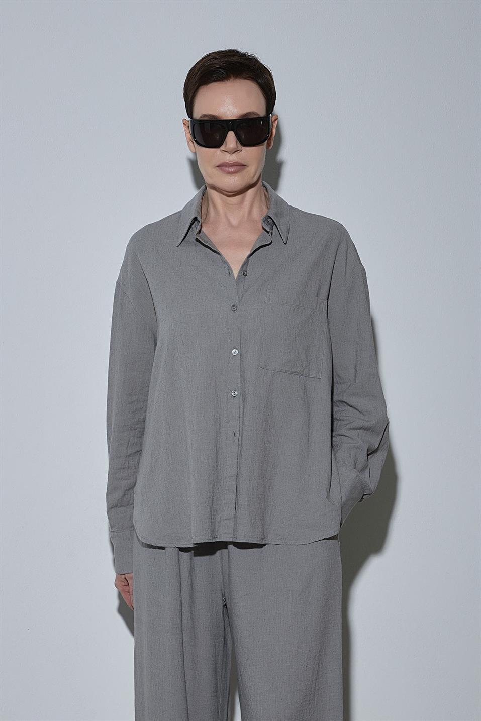 Gri Serin Oversize Keten Gömlek