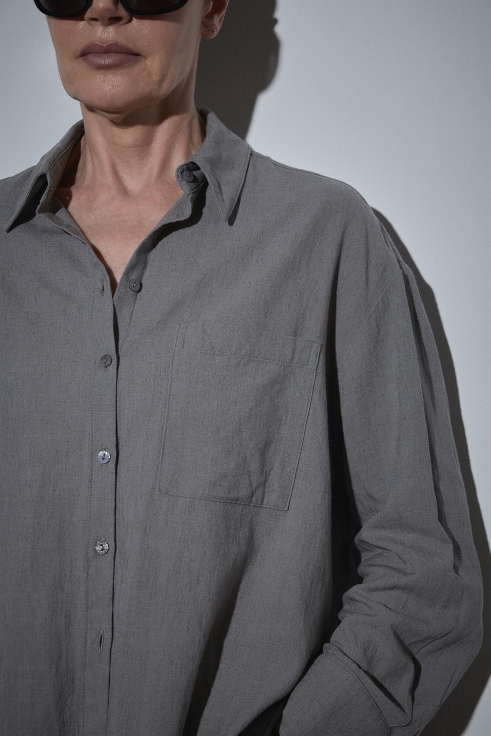 Gri Serin Oversize Keten Gömlek