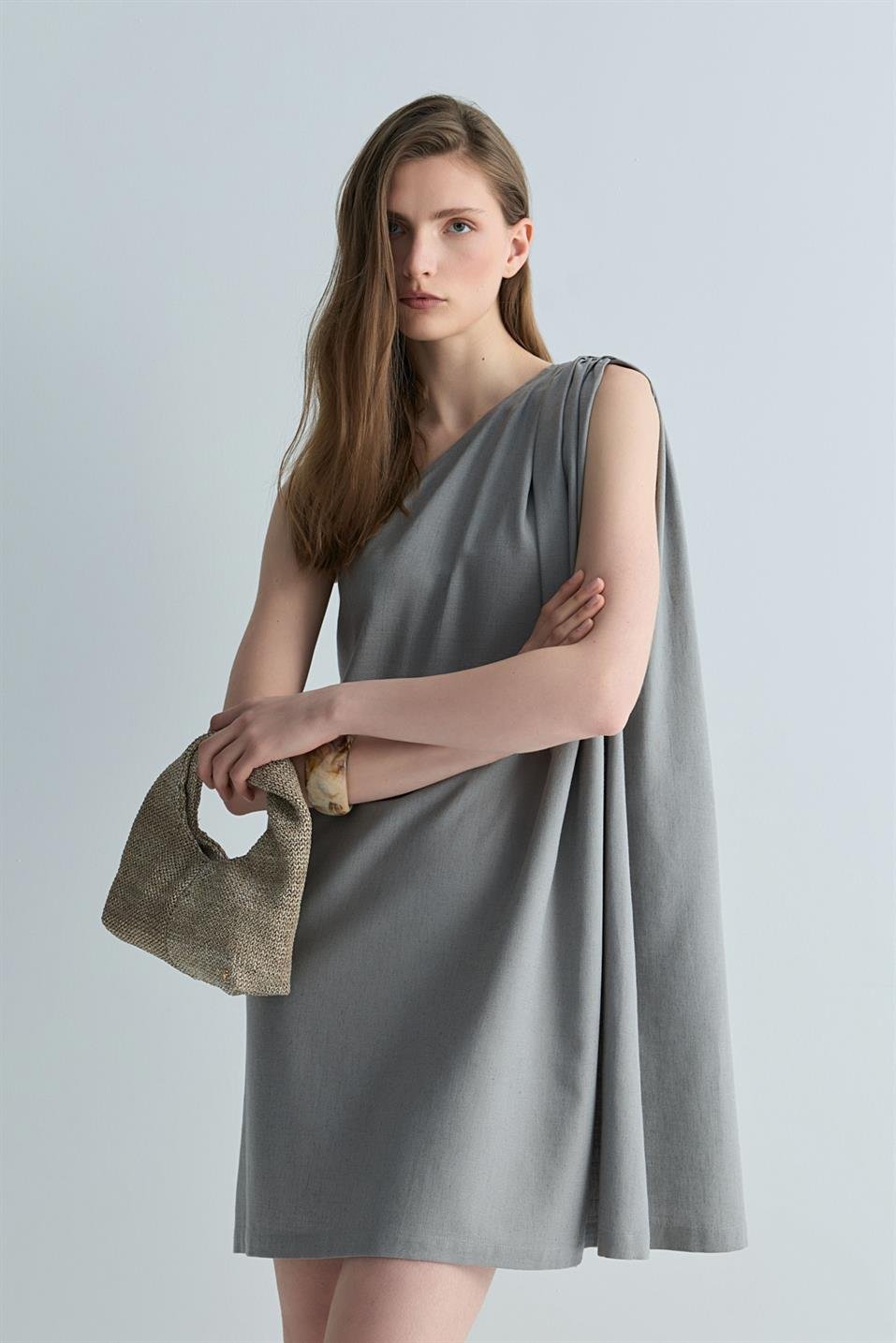 Gri Zayden Tek Omuzlu Elbise