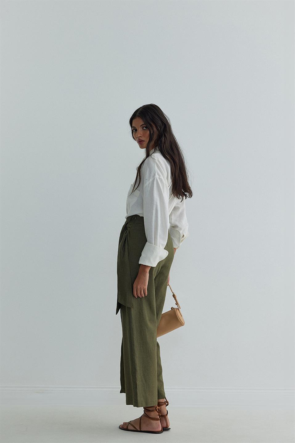 Haki Alia Keten Anvelop Pantolon