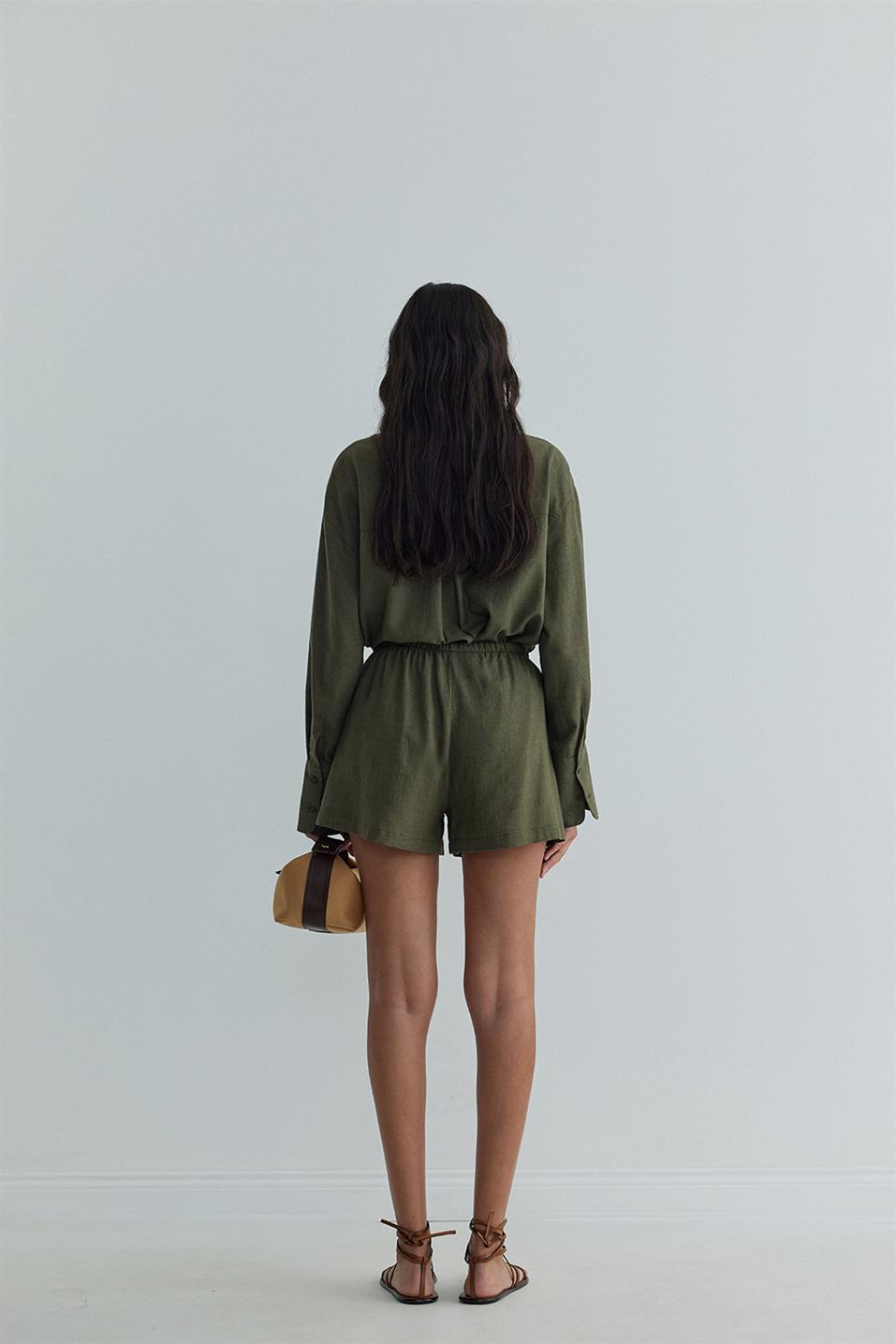 Haki Barley Lastikli Keten Şort
