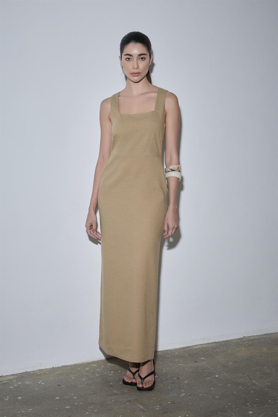 Ihlamur Yeşili Monik Kare Yaka Keten Elbise