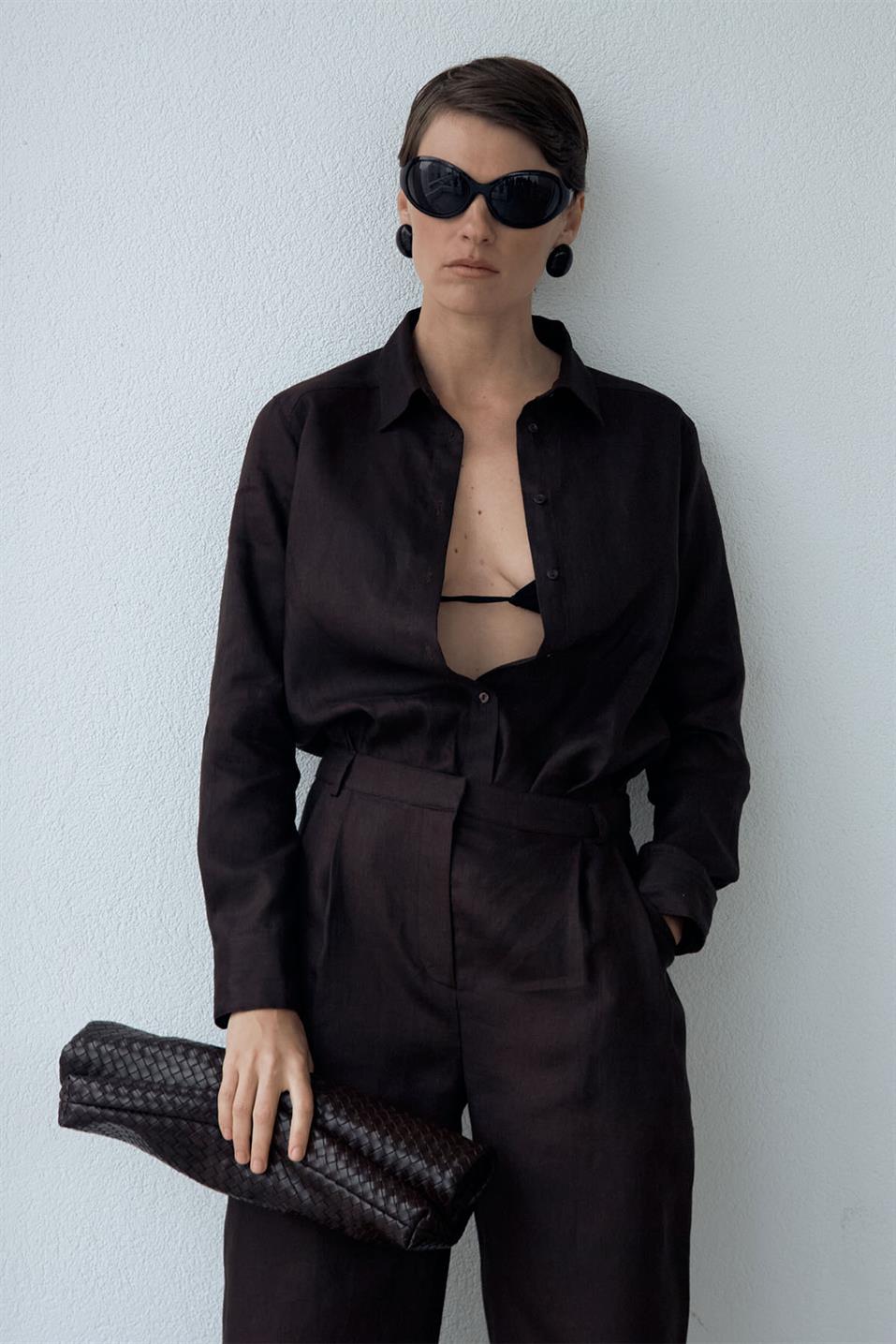 Kahverengi %100 Keten Nora Pileli Pantolon