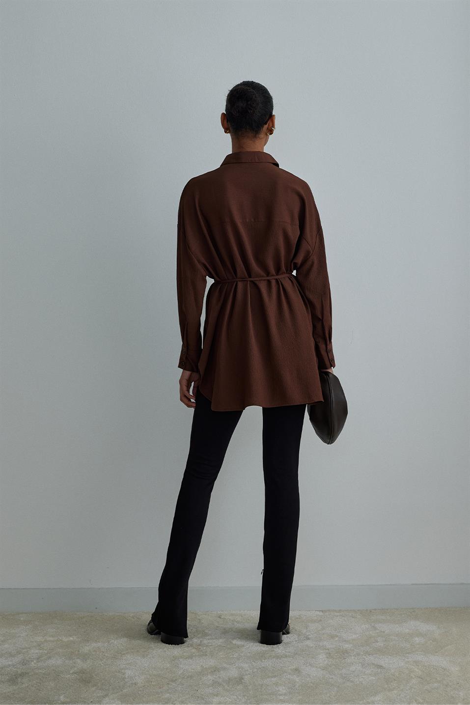 Kahverengi Cepli Oversize Gömlek
