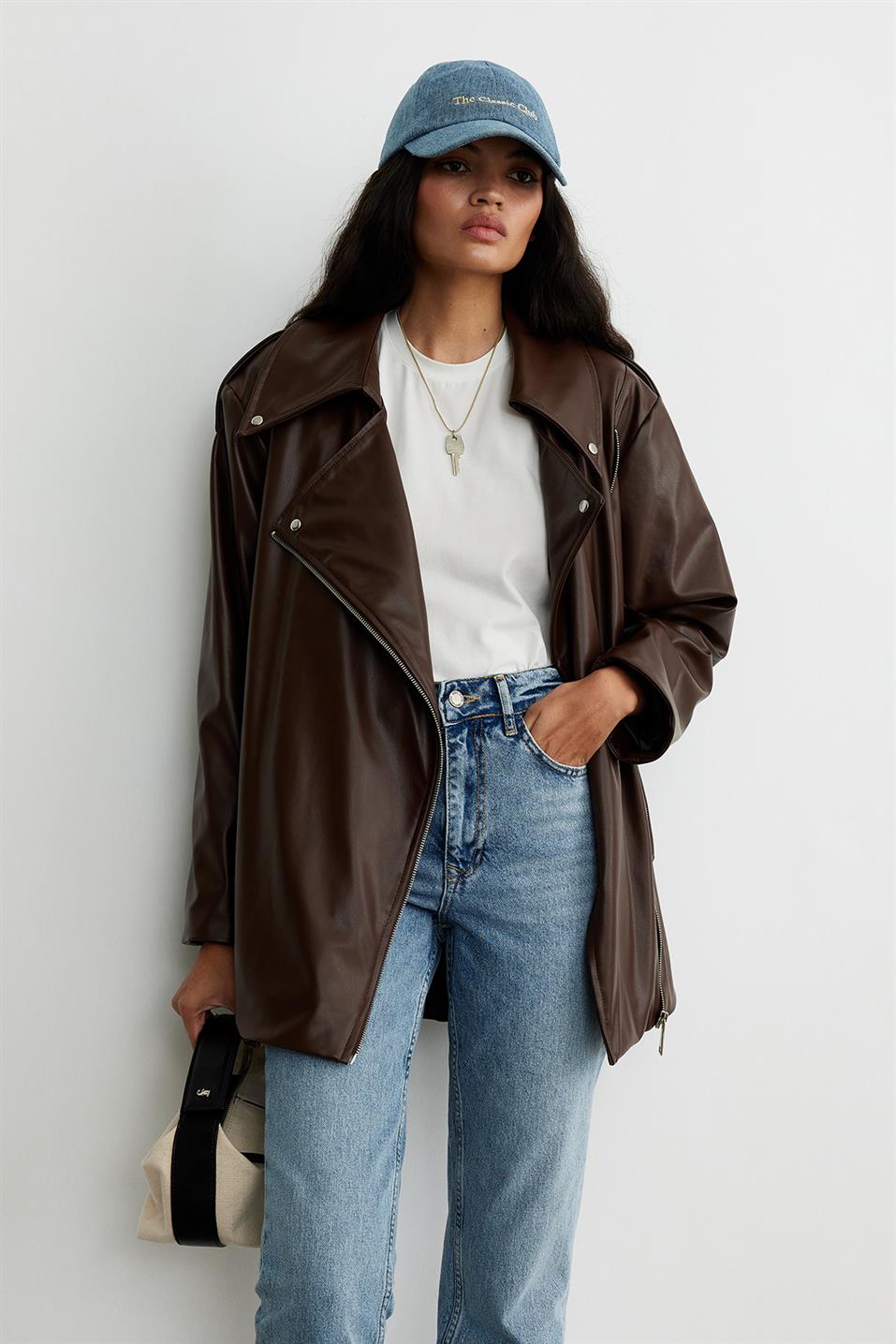 Brown Leather Biker Trench Coat
