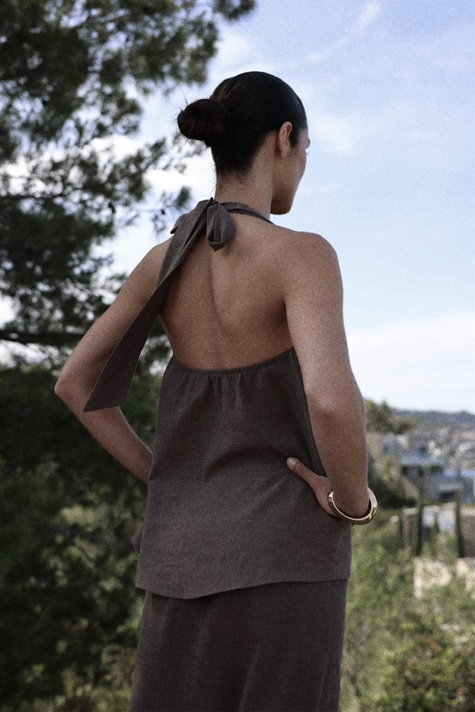 Kahverengi Serena Bağlamalı Keten Yelek Bluz