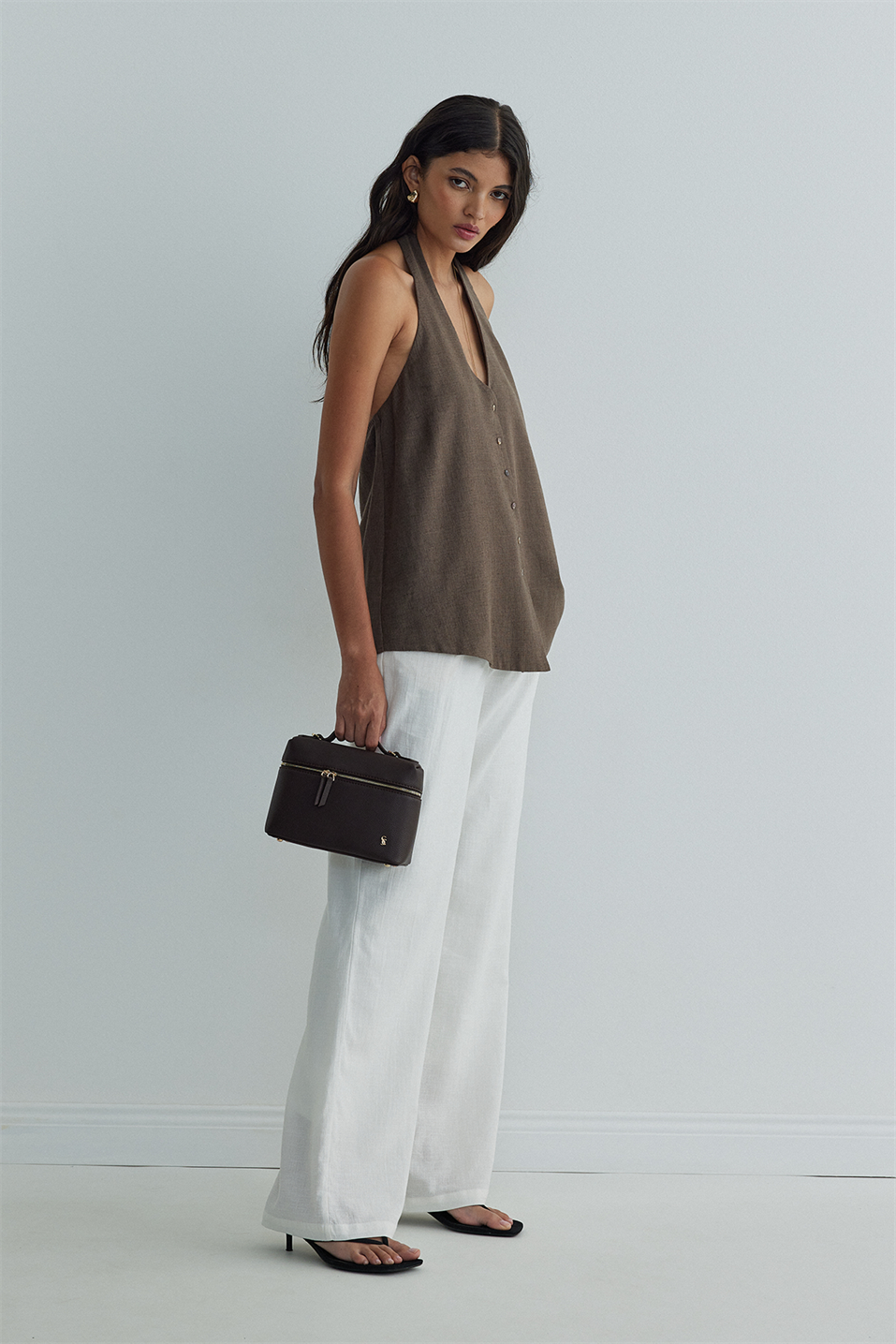 Kahverengi Serena Bağlamalı Keten Yelek Bluz
