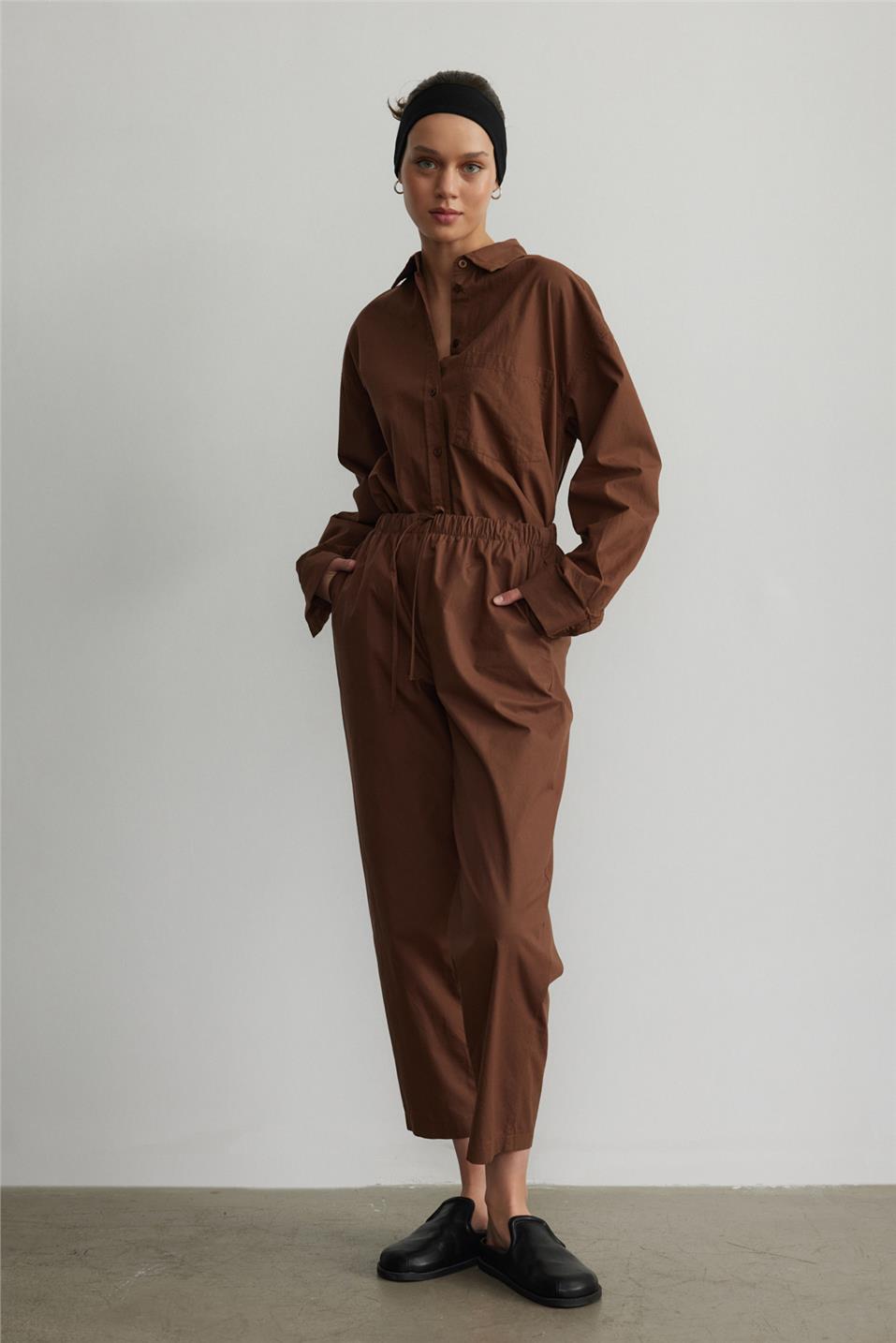 Brown Slouchy Fit Elastic Waist Trousers