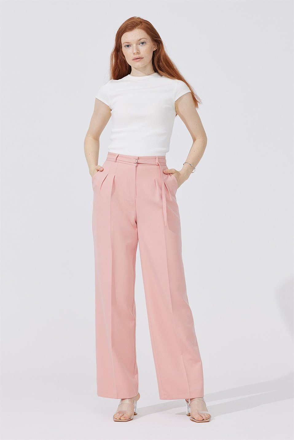 Pink Belted Pleated Pants