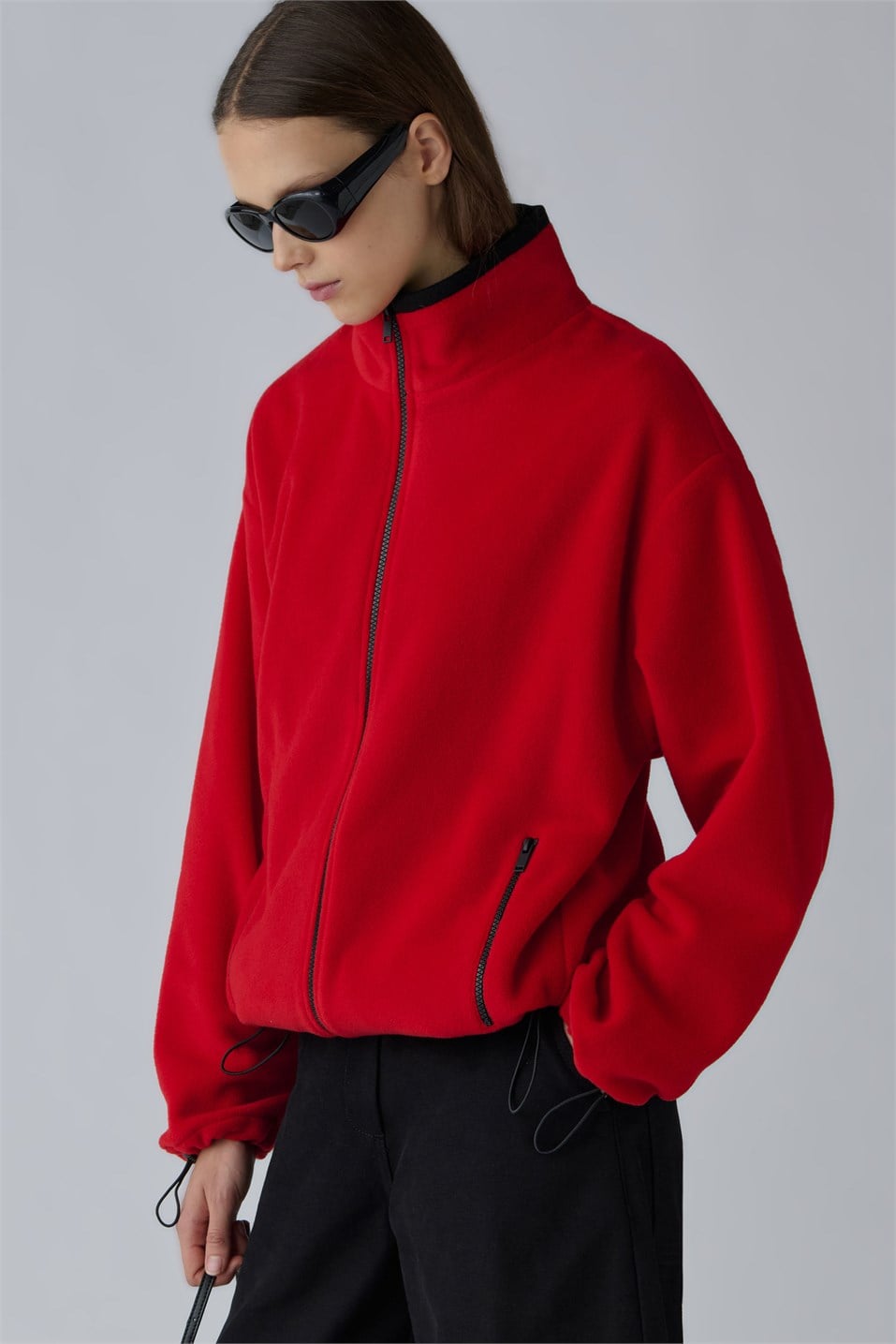 Kırmızı Anu Oversize Fermuarlı Polar Hırka
