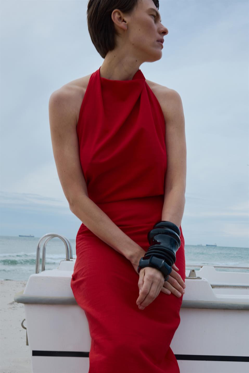 Kırmızı Gabriel Halter Yaka Keten Bluz