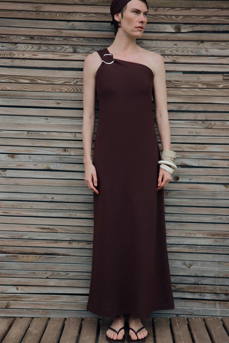 Koyu Kahve Abel Tek Omuzlu Keten Elbise