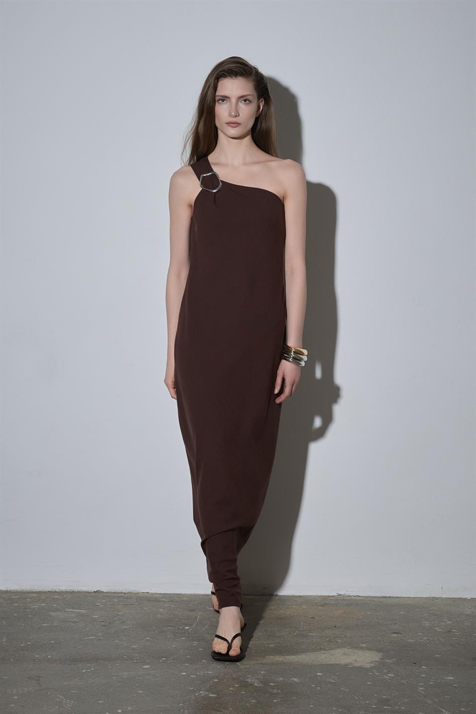 Koyu Kahve Abel Tek Omuzlu Keten Elbise