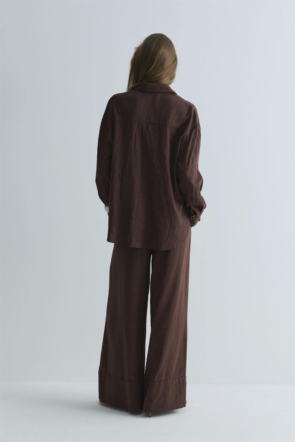 Koyu Kahve Serin Oversize Keten Gömlek