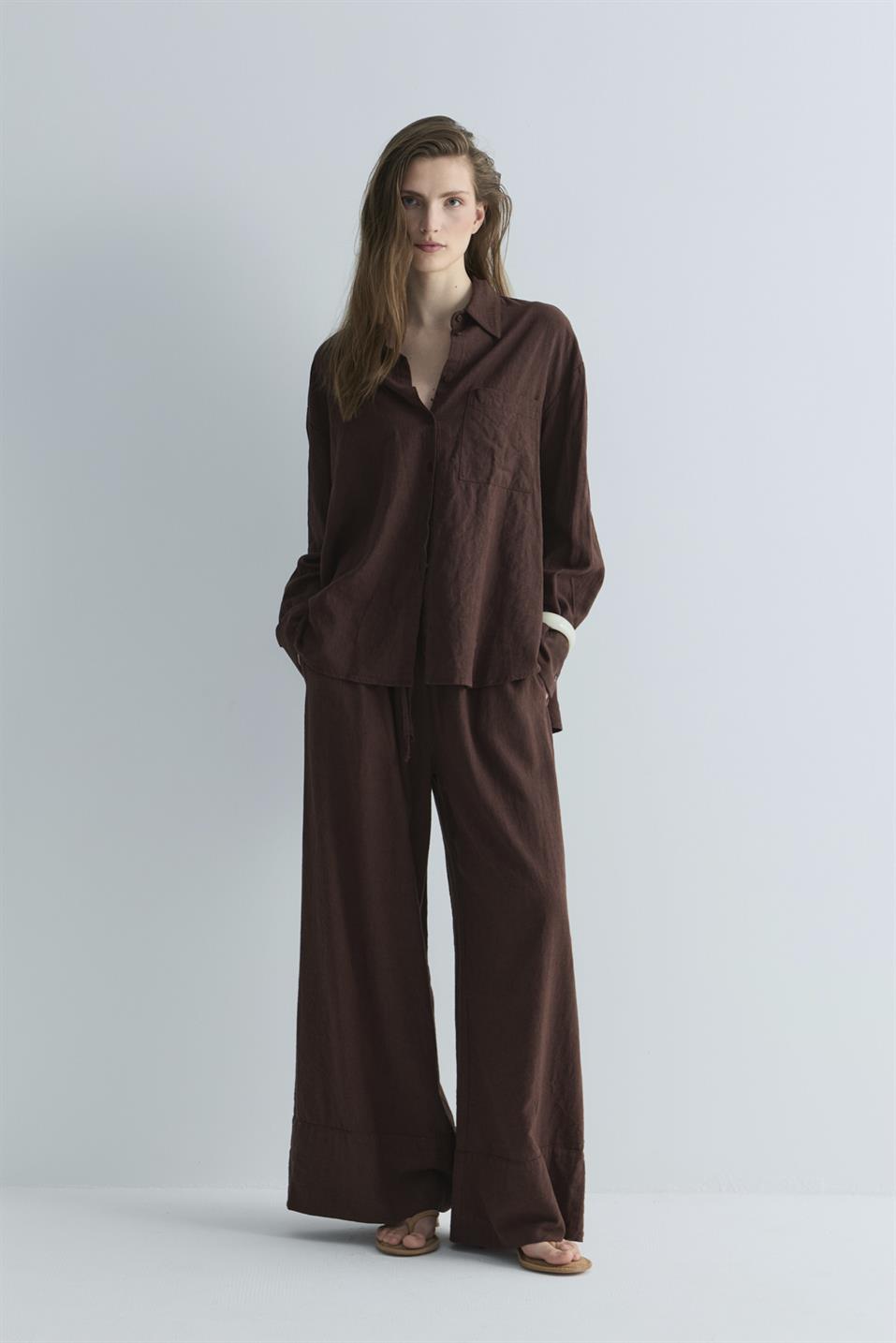 Koyu Kahve Serin Palazzo Keten Pantolon