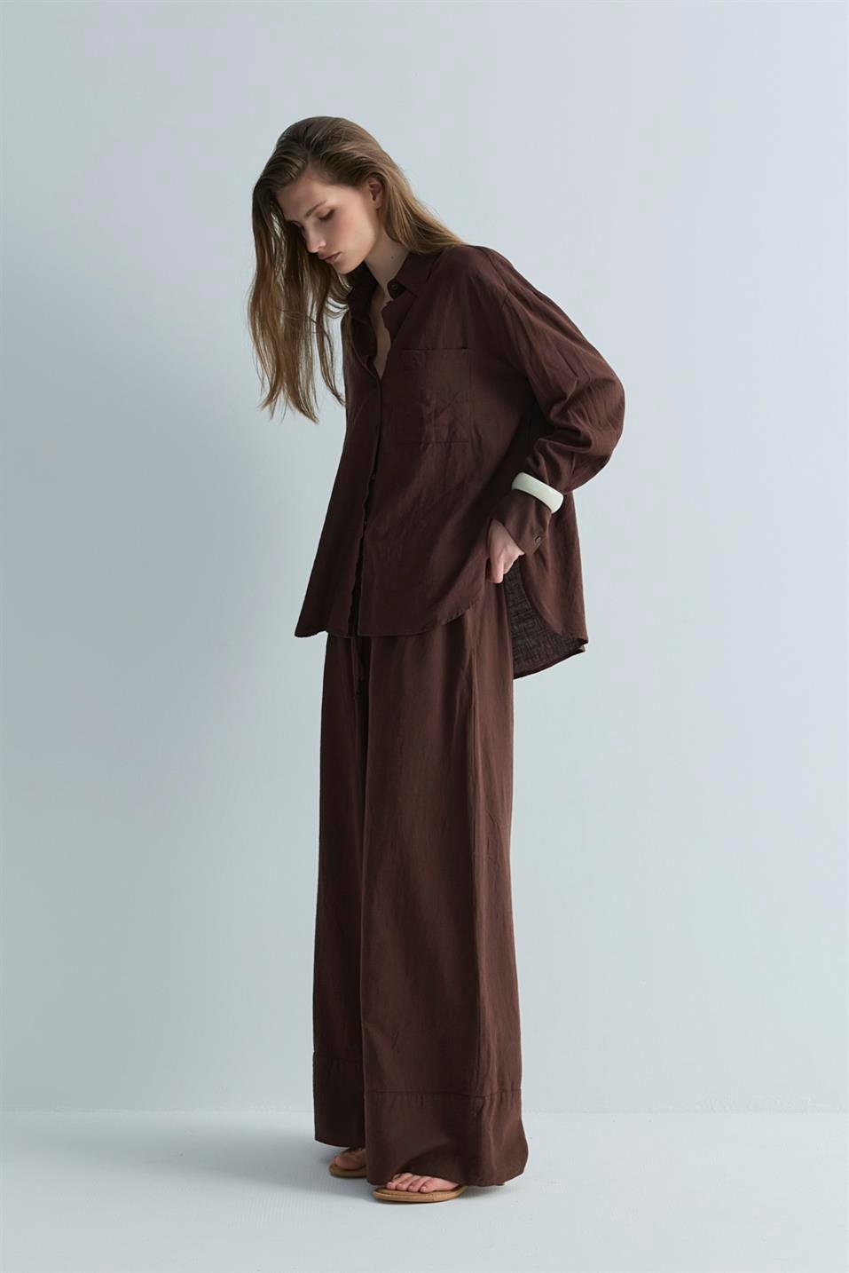 Koyu Kahve Serin Palazzo Keten Pantolon