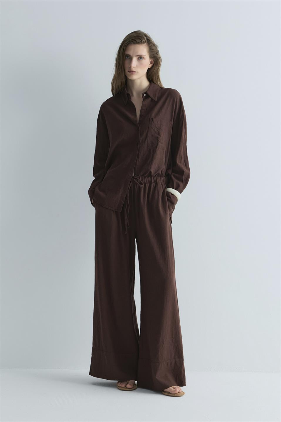 Koyu Kahve Serin Palazzo Keten Pantolon