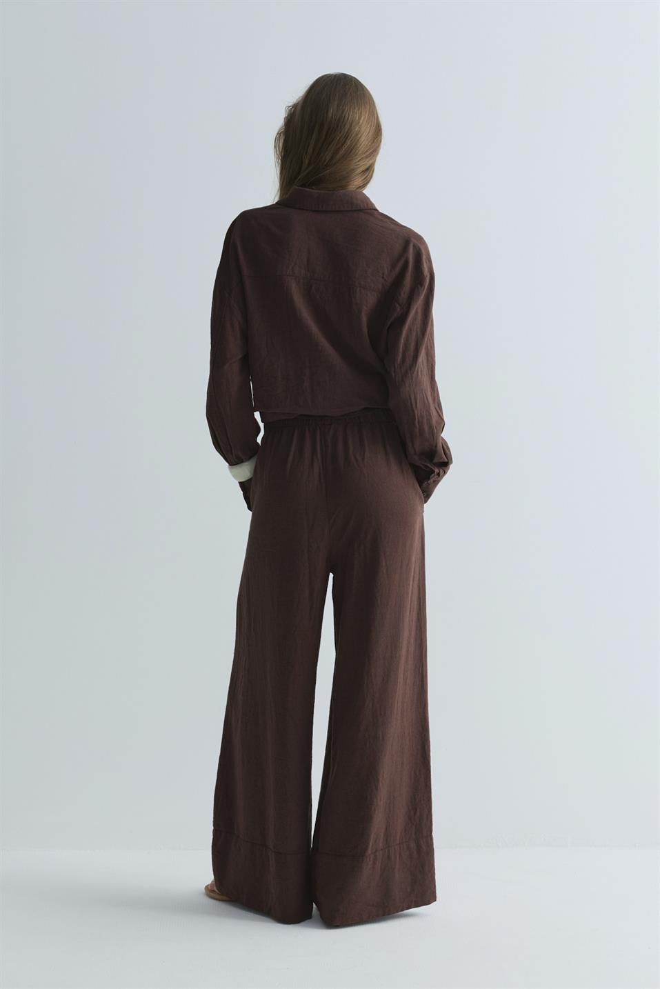 Koyu Kahve Serin Palazzo Keten Pantolon
