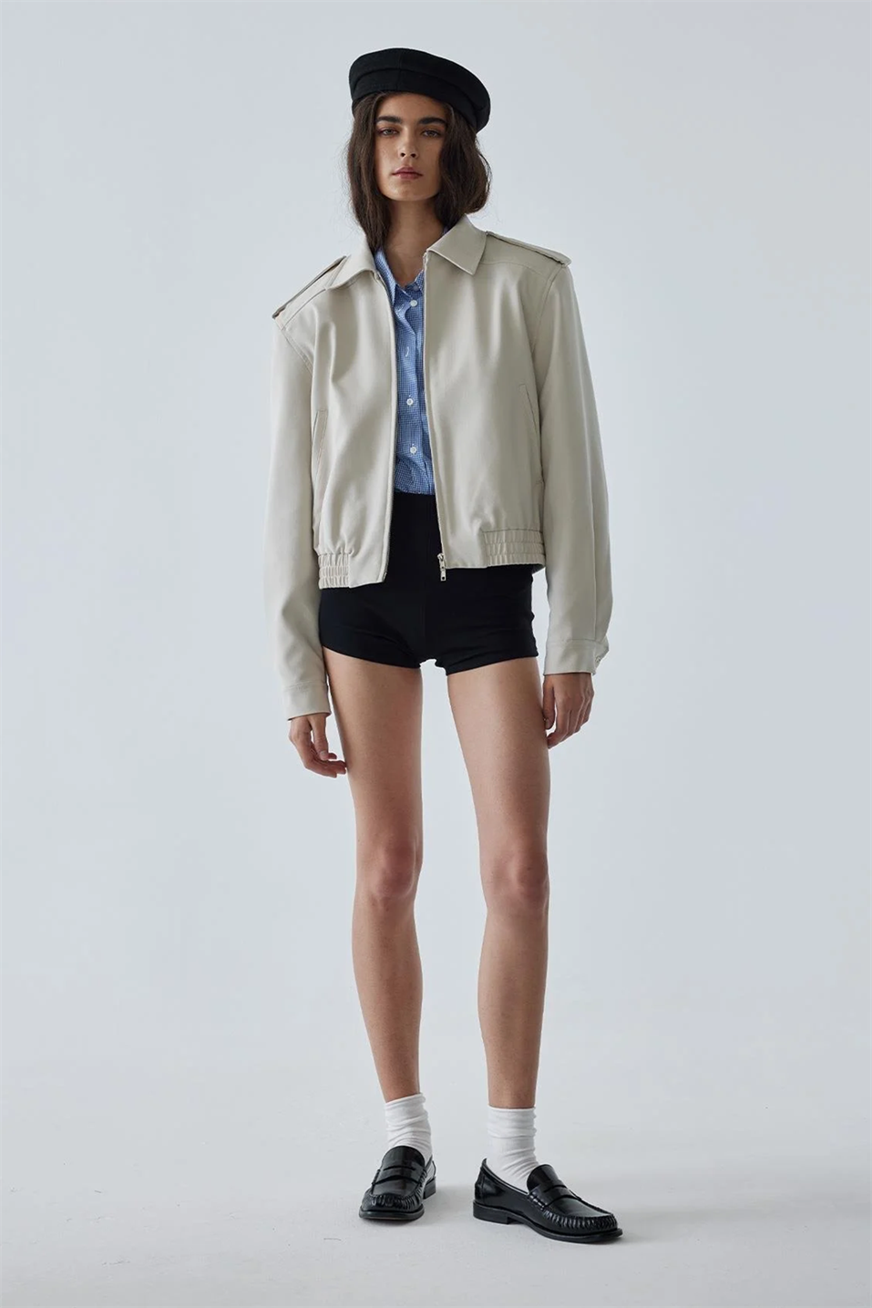 Krem Cooper Crop Bomber Ceket