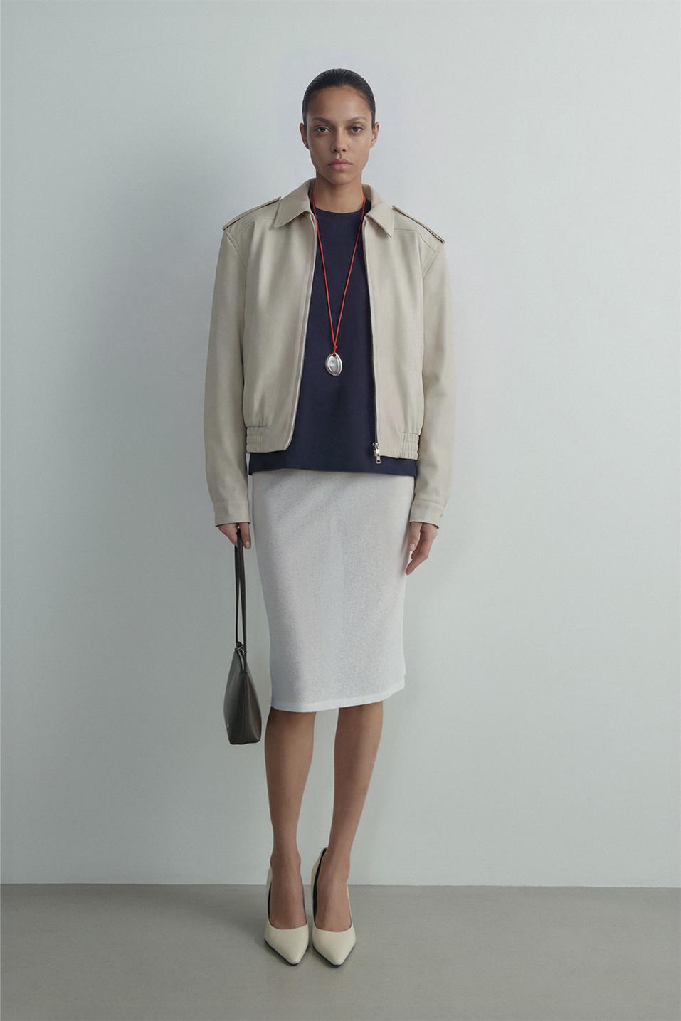 Krem Cooper Crop Bomber Ceket