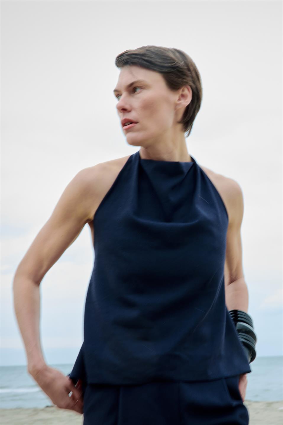 Lacivert Gabriel Halter Yaka Keten Bluz