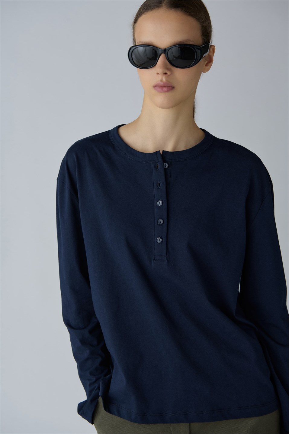 Lacivert Henley Pamuklu Tişört