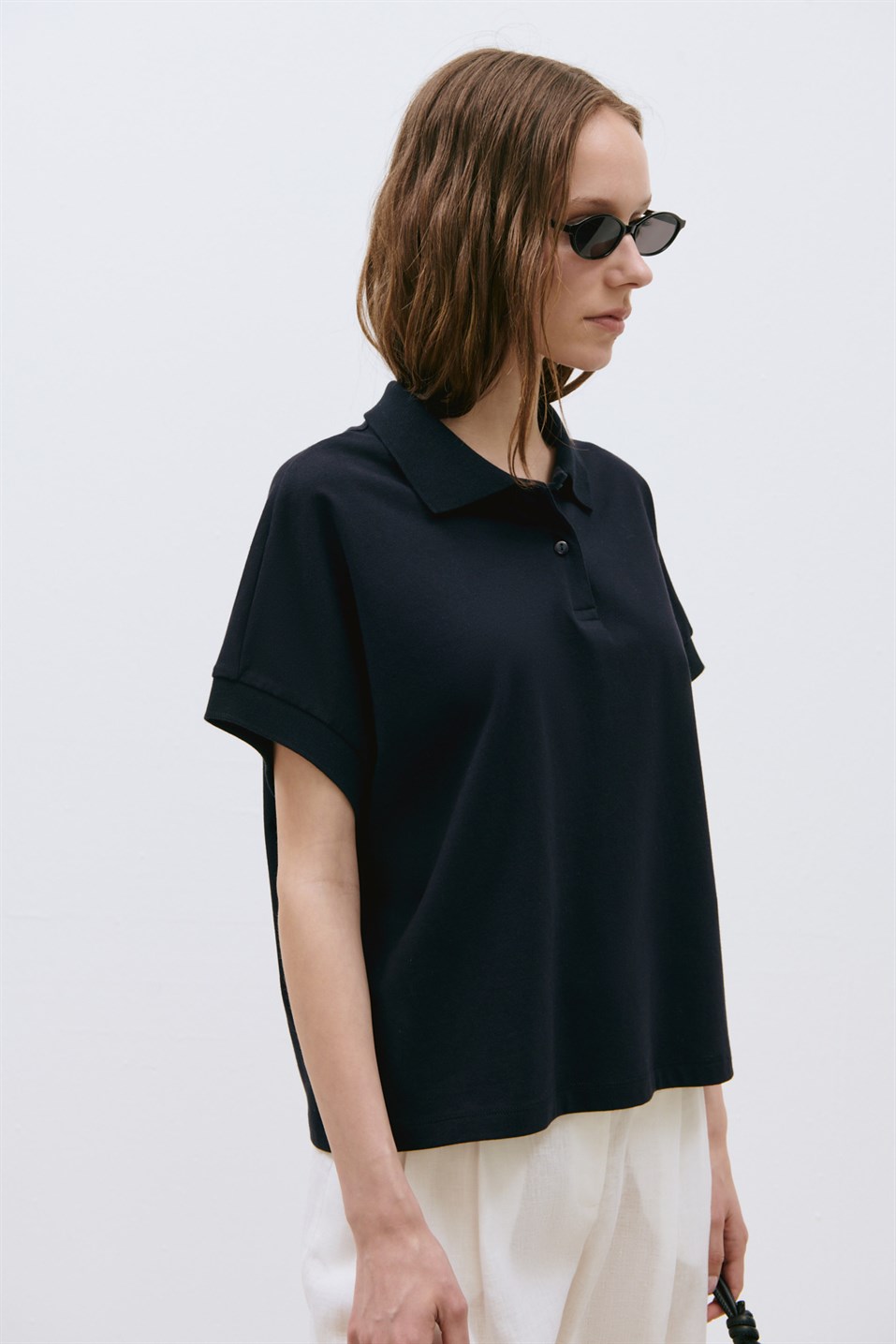 Lacivert Josie Oversize Polo Yaka Tişört