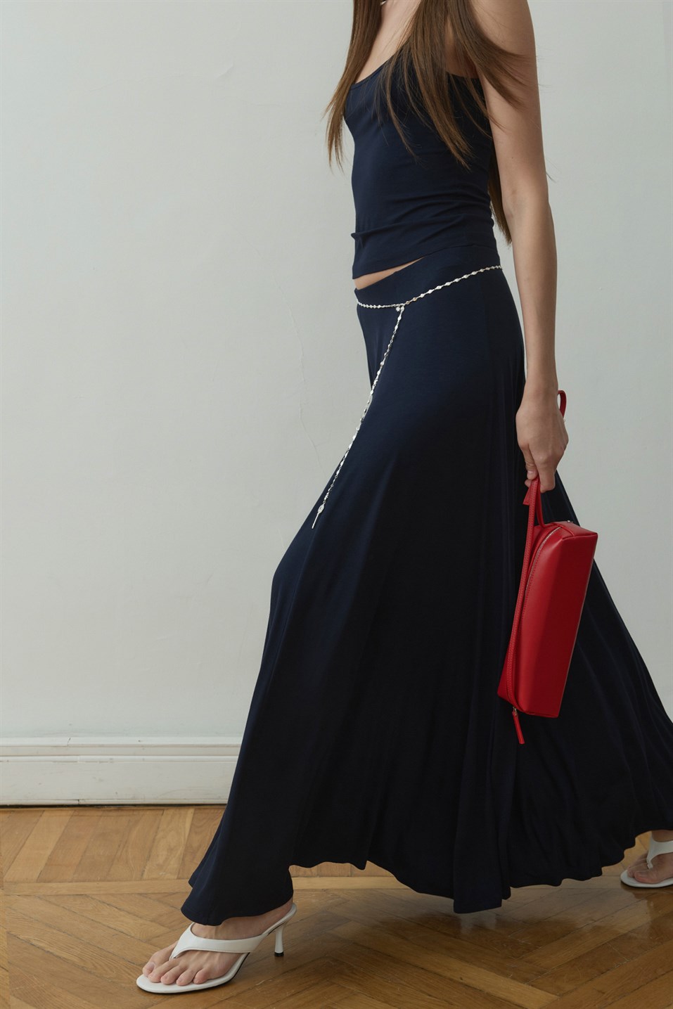 Lacivert Kate Dökümlü Uzun Etek