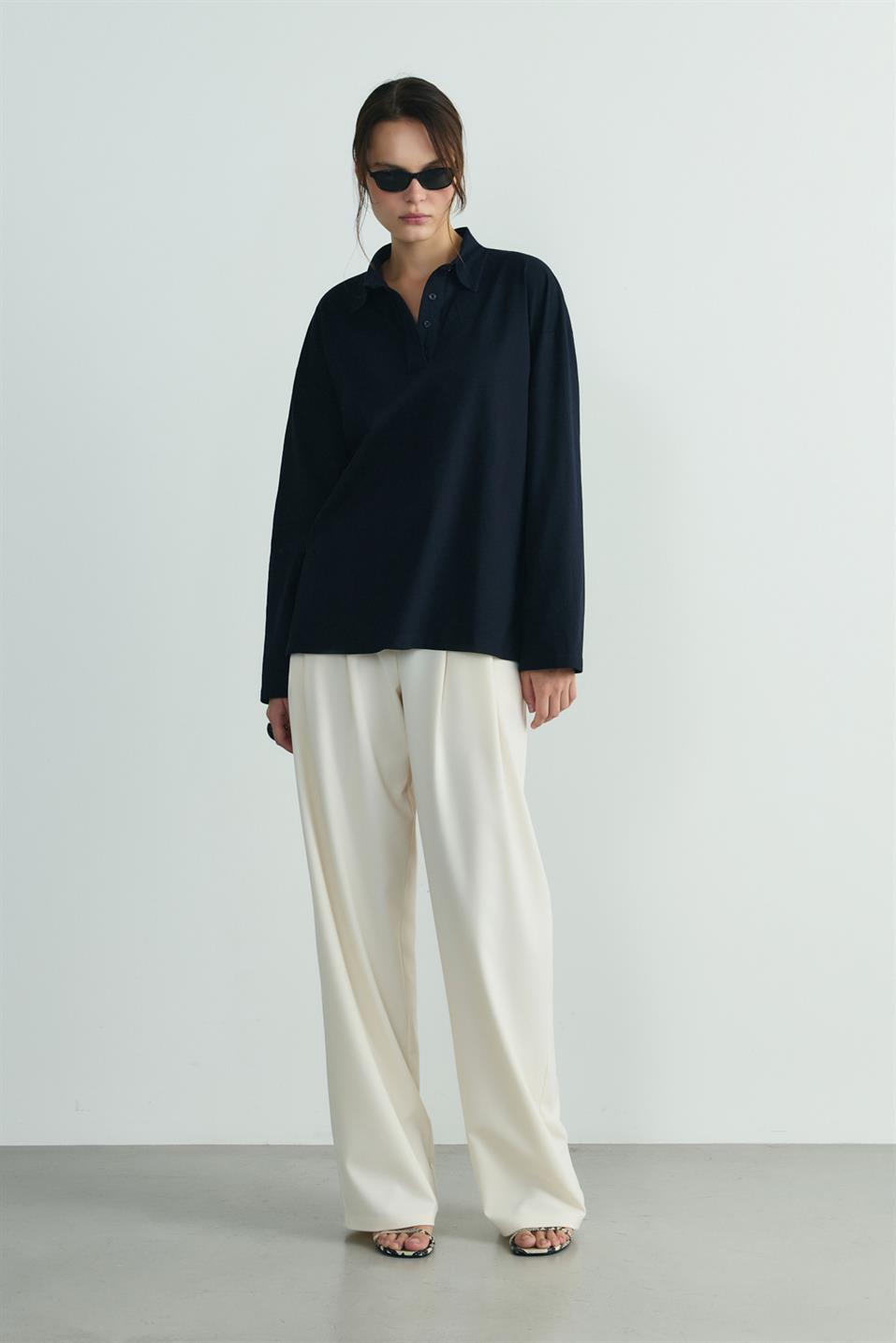 Lacivert Polo Yaka Oversize Tişört