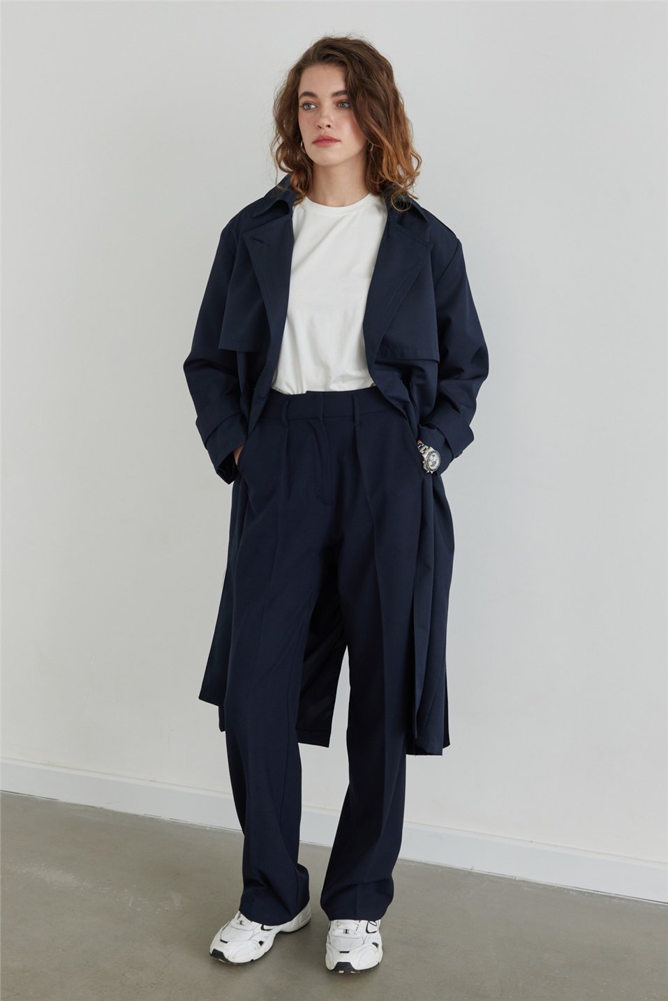 Navy Single Pleated Soft Textured Trousers