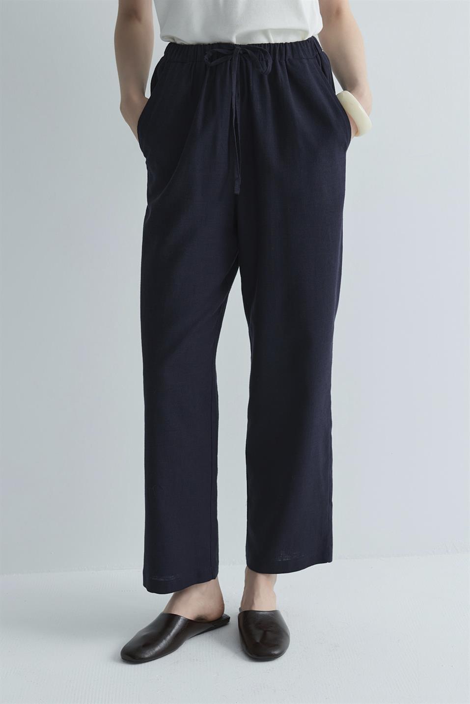 Lacivert Zoe Beli Lastikli Keten Pantolon