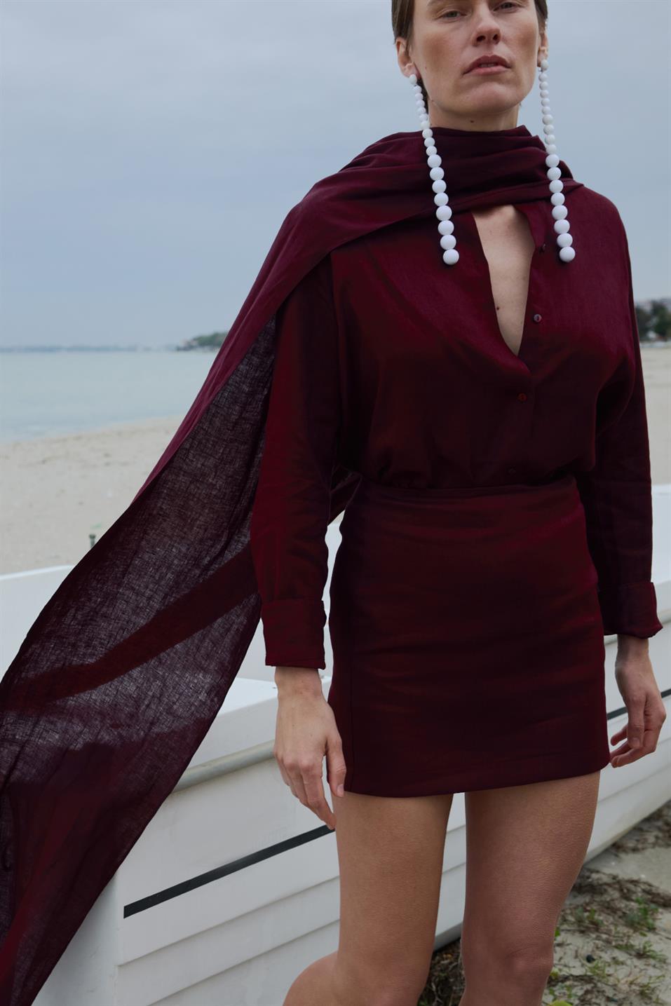 Mürdüm %100 Keten Nora Gömlek