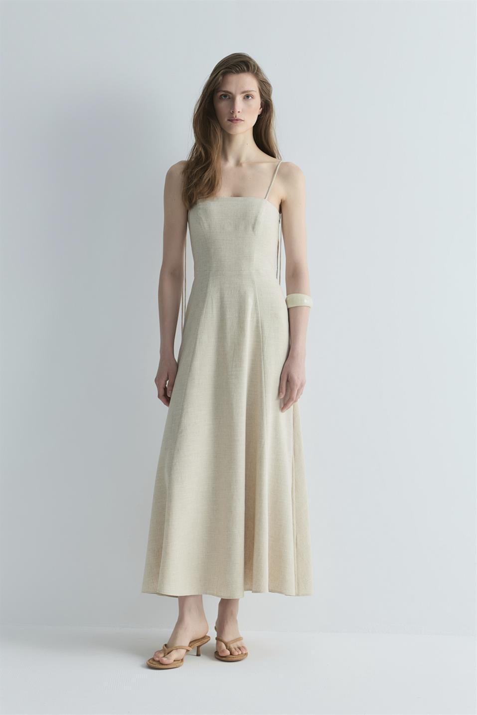 Natürel Melinda Askılı Keten Elbise