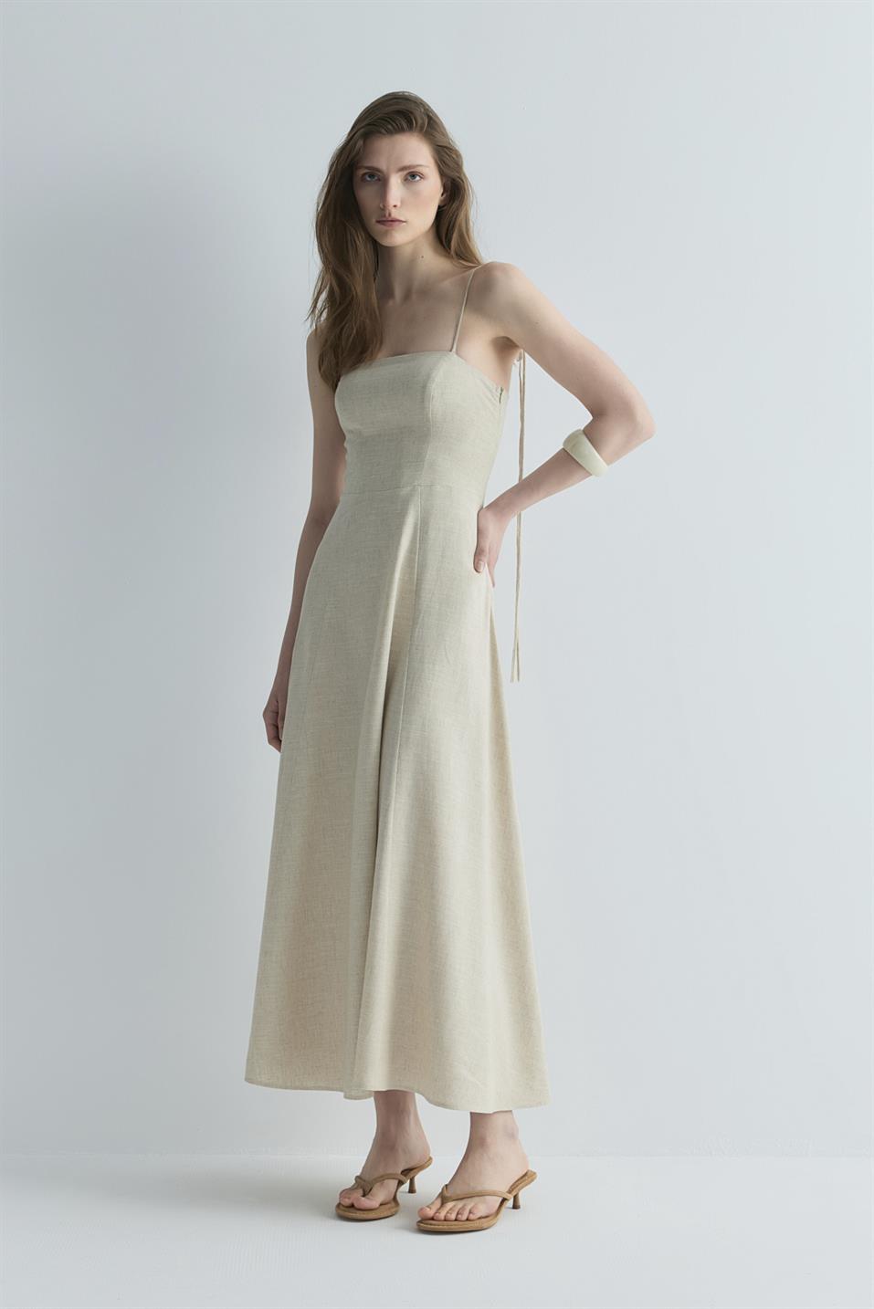 Natürel Melinda Askılı Keten Elbise