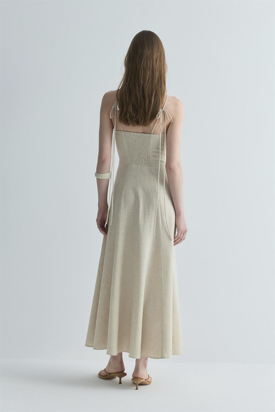 Natürel Melinda Askılı Keten Elbise