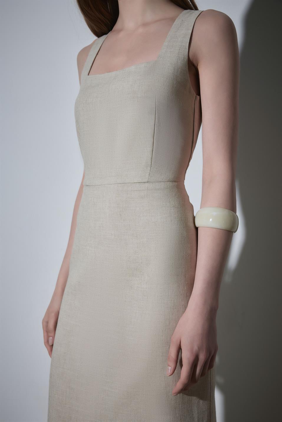 Natürel Monik Kare Yaka Keten Elbise