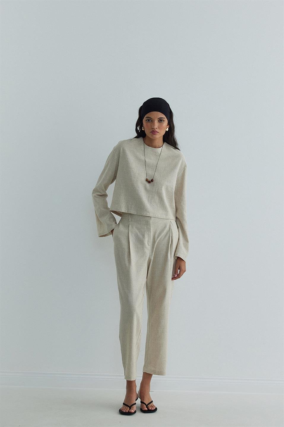 Natürel Mussel Crop Keten Bluz