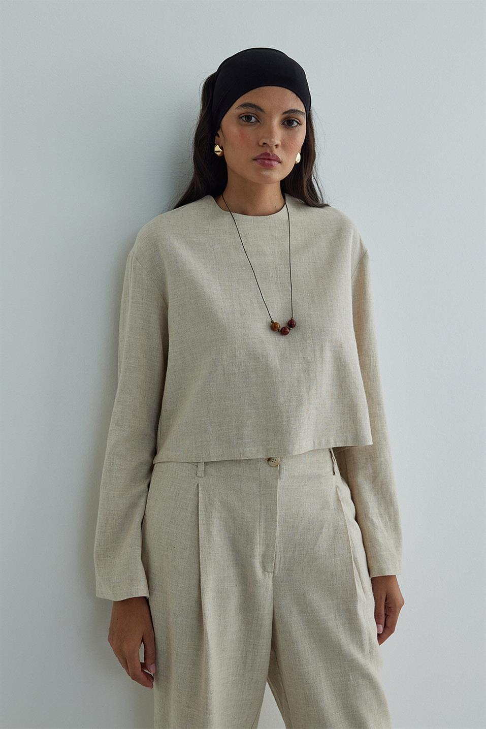 Natürel Mussel Crop Keten Bluz