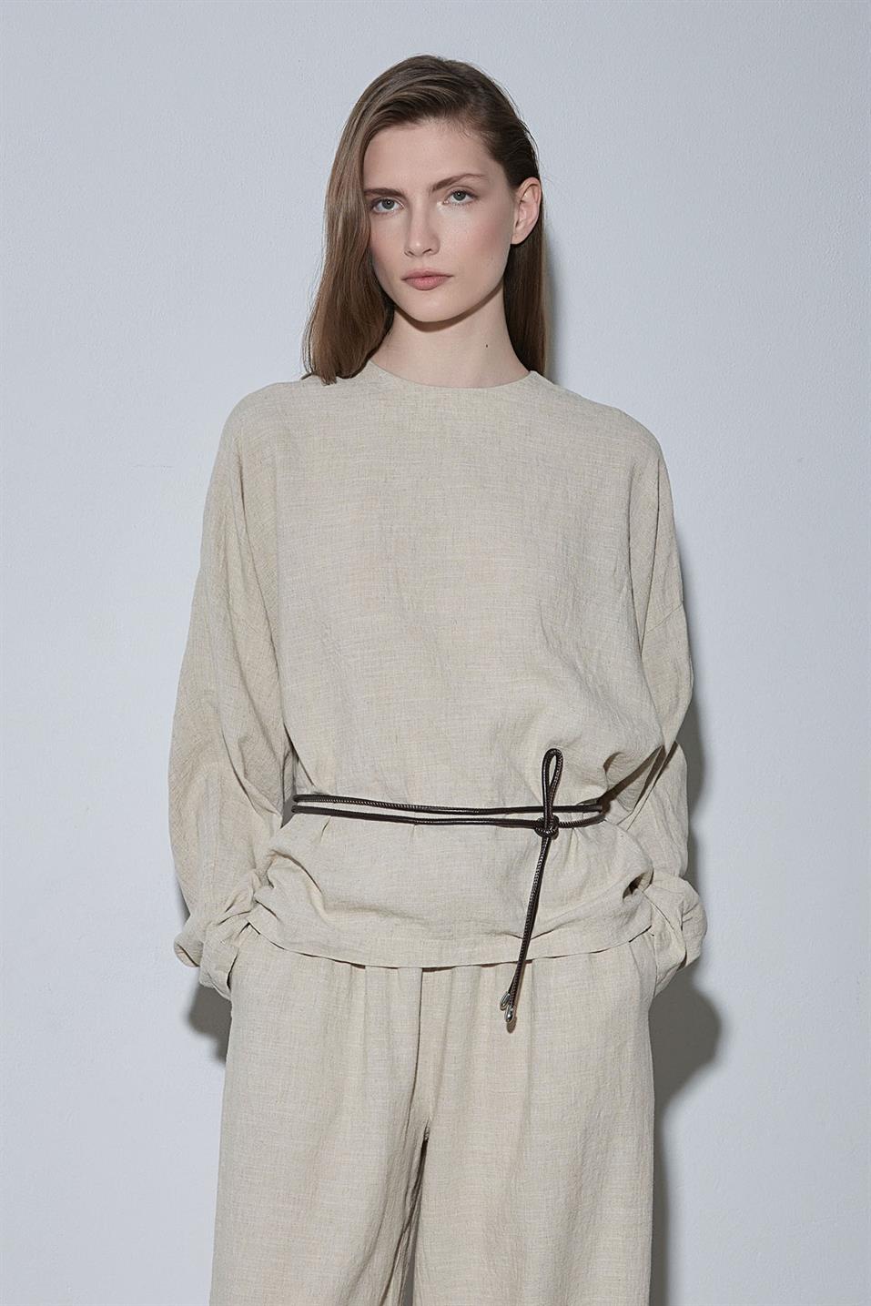 Natürel Ole Oversize Keten Bluz