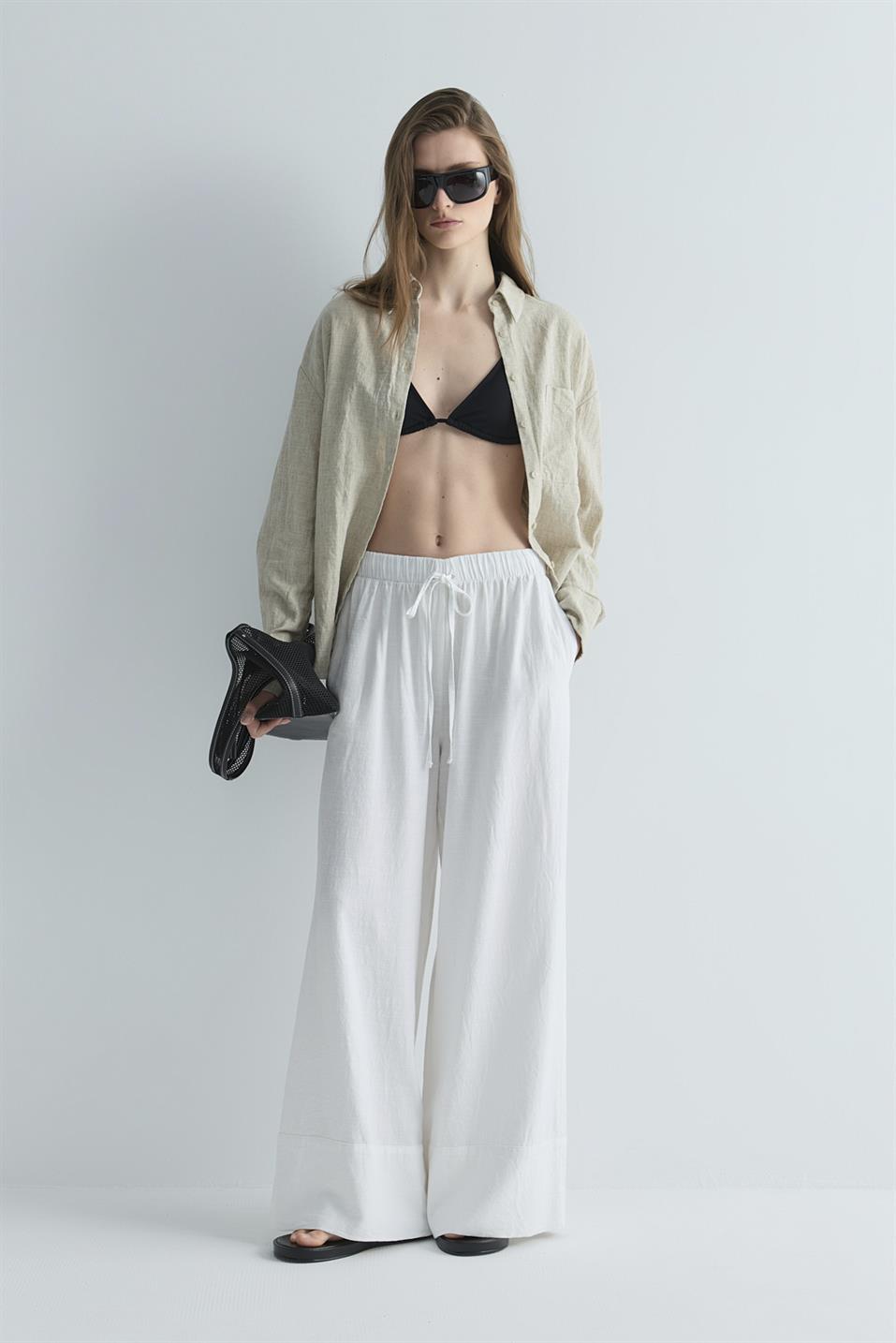 Natürel Serin Oversize Keten Gömlek