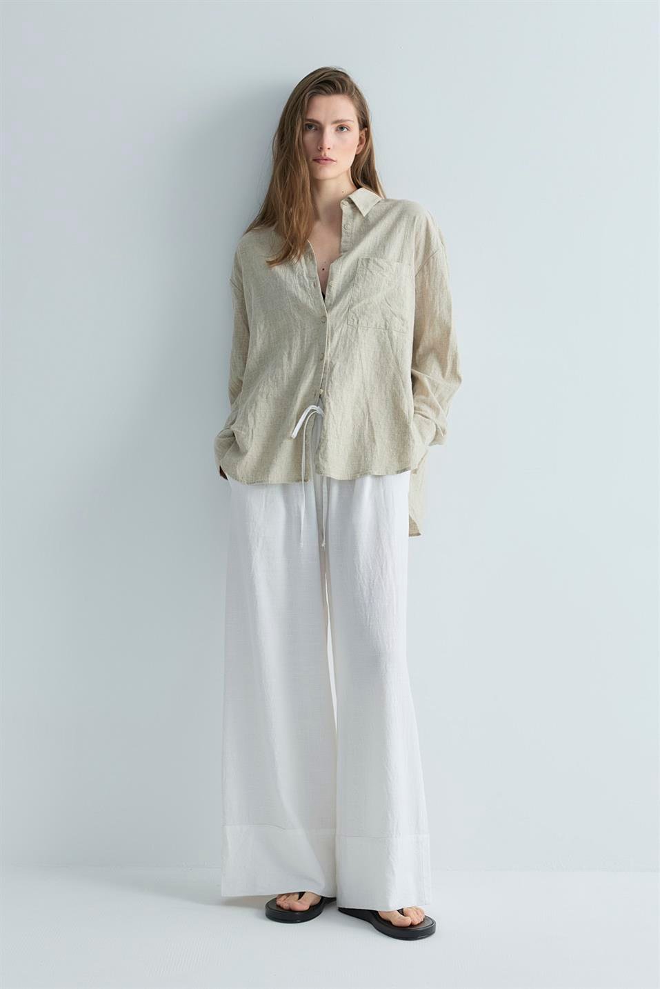 Natürel Serin Oversize Keten Gömlek