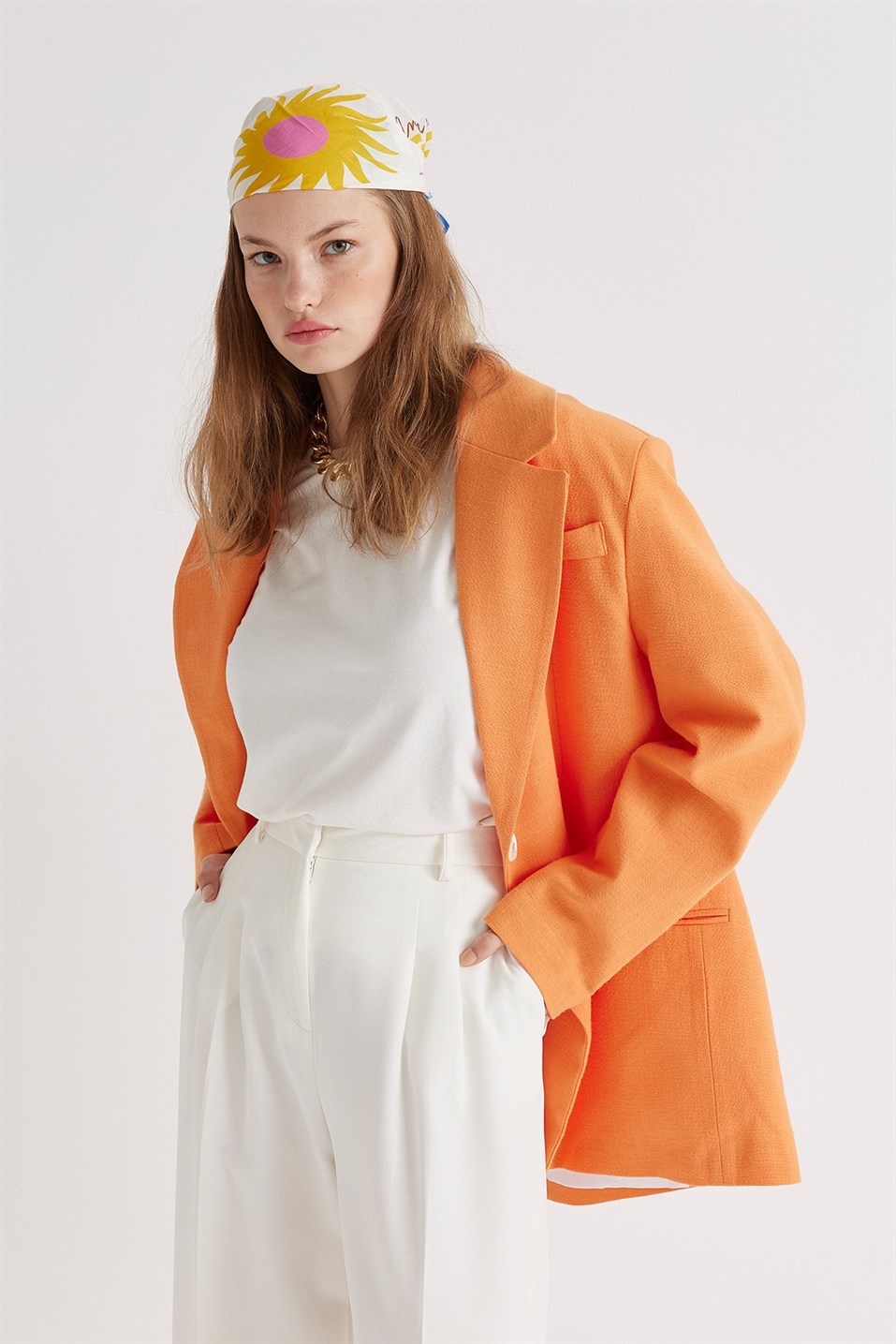 Orange Oversize Linen Dad Blazer Jacket