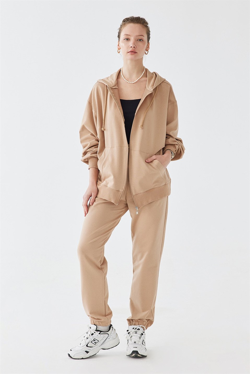 Camel Hooded Cotton Cardigan