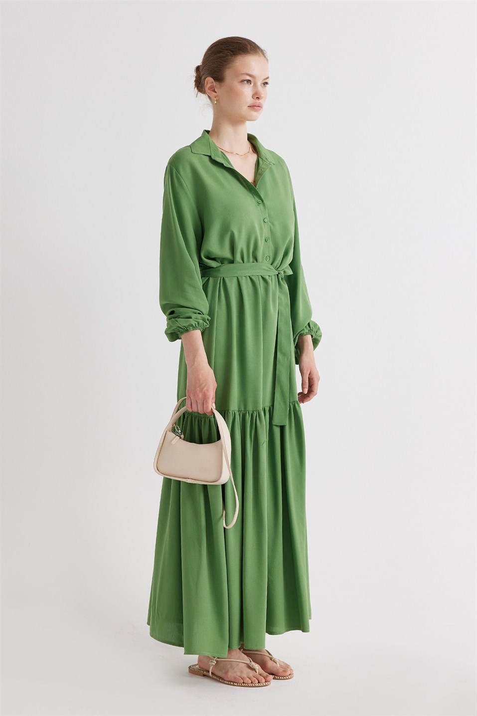 Yeşil Patlı Viskon Büzgülü Elbise
