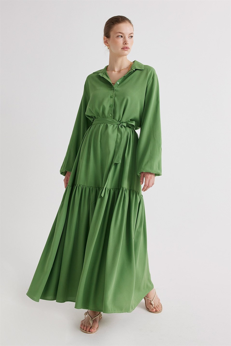 Green Pleated Viscose Pleated Dress