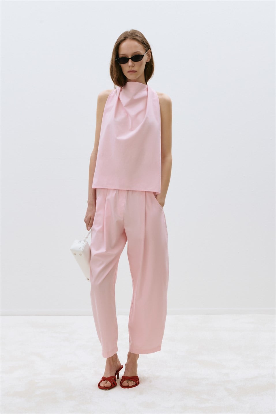 Pembe Marty Halter Yaka Poplin Bluz